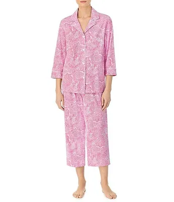 Lauren Ralph Paisley Print Jersey Knit Notch Collar 3/4 Sleeve Embroidered Pocket Capri Pajama Set