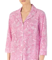 Lauren Ralph Paisley Print Jersey Knit Notch Collar 3/4 Sleeve Embroidered Pocket Capri Pajama Set