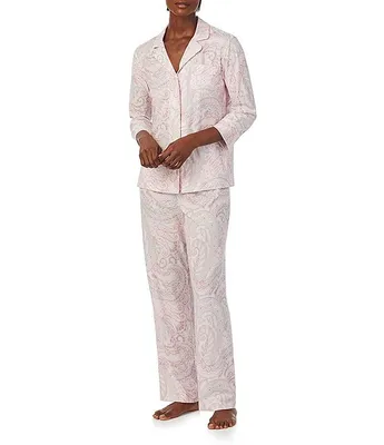 Lauren Ralph Petite 3/4 Sleeve Notch Collar Long Pant Knit Paisley Pajama Set