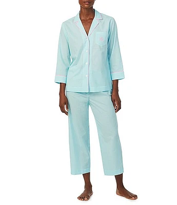 Lauren Ralph Petite Checkered Print 3/4 Sleeve Notch Collar Woven Pajama Set