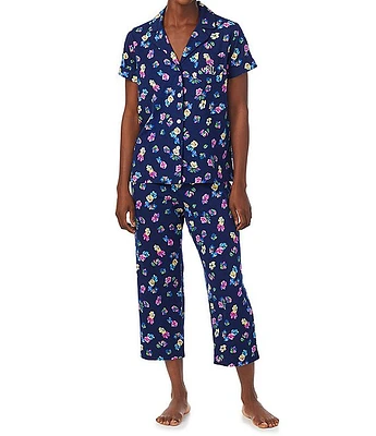 Lauren Ralph Petite Floral Print Short Sleeve Notch Collar Capri Jersey Knit Pant Pajama Set