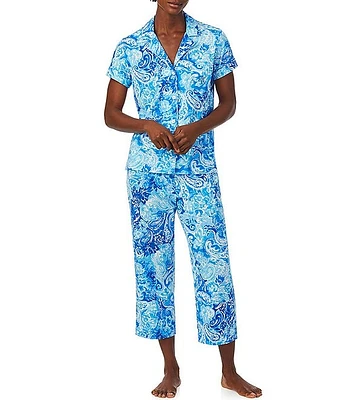 Lauren Ralph Petite Paisley Print Short Sleeve Notch Collar Capri Pant Jersey Knit Pajama Set