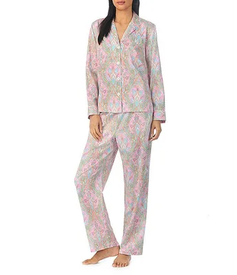 Lauren Ralph Petite Sateen Multi Paisley Long Sleeve Notch Collar Pant Pajama Set