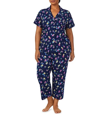 Lauren Ralph Plus Floral Print Short Sleeve Notch Collar Capri Jersey Knit Pant Pajama Set