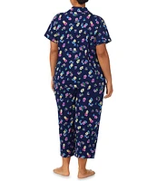 Lauren Ralph Plus Floral Print Short Sleeve Notch Collar Capri Jersey Knit Pant Pajama Set