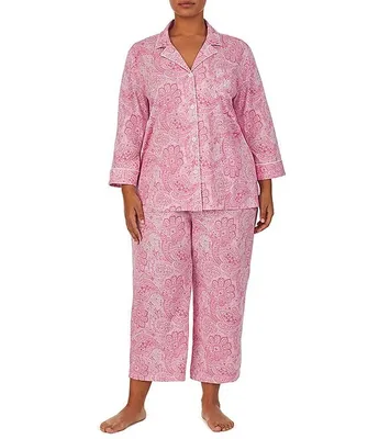 Lauren Ralph Plus Paisley Print Notch Collar 3/4 Sleeve Capri Pajama Set