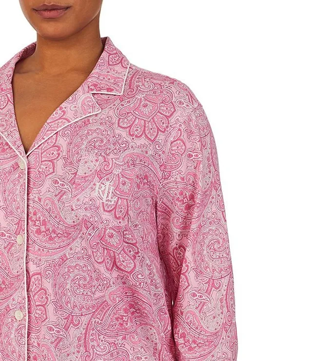 Lauren Ralph Lauren Short Sleeve Notch Collar Capri Pant Knit Paisley Pajama Set, Womens, M, Pink Paisley