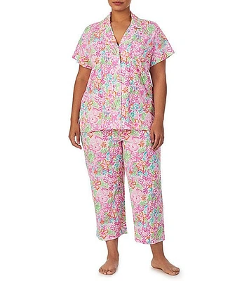 Lauren Ralph Plus Short Sleeve Notch Collar Knit Floral Capri Pajama Set