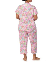 Lauren Ralph Plus Short Sleeve Notch Collar Knit Floral Capri Pajama Set