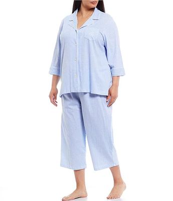 Lauren Ralph Plus Striped Print Notch Collar 3/4 Sleeve Button Front Jersey Knit Capri Pajama Set