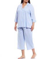 Lauren Ralph Plus Striped Print Notch Collar 3/4 Sleeve Button Front Jersey Knit Capri Pajama Set