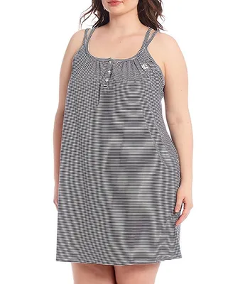 Lauren Ralph Plus Striped Print Short Cotton Nightgown
