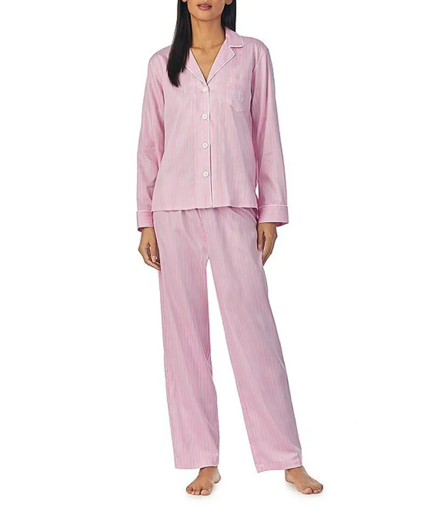 Lauren Ralph Sateen Striped Long Sleeve Notch Collar Pant Pajama Set