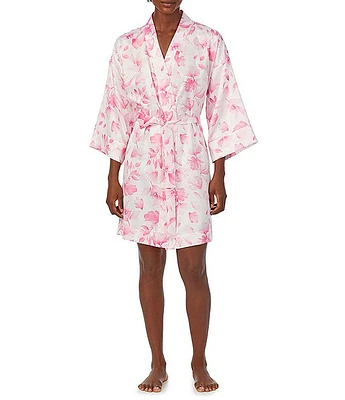 Lauren Ralph Satin Floral 3/4 Sleeve Coordinating Wrap Robe