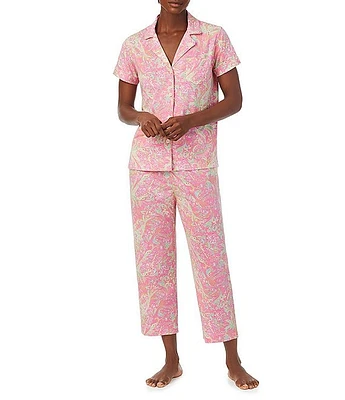 Lauren Ralph Short Sleeve Notch Collar Capri Pant Knit Paisley Pajama Set