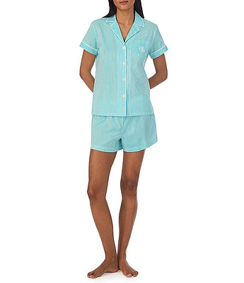Lauren Ralph Short Sleeve Notch Collar Embroidered Chest Pocket Woven Striped Shorty Pajama Set