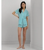 Lauren Ralph Short Sleeve Notch Collar Embroidered Chest Pocket Woven Striped Shorty Pajama Set
