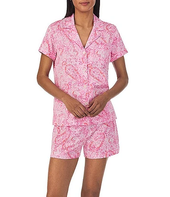 Lauren Ralph Short Sleeve Notch Collar Jersey Knit Paisley Shorty Pajama Set