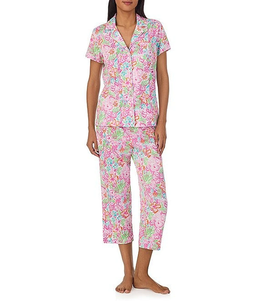 Lauren Ralph Short Sleeve Notch Collar Knit Multi Floral Capri Pajama Set