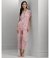 Lauren Ralph Short Sleeve Notch Collar Knit Multi Floral Capri Pajama Set