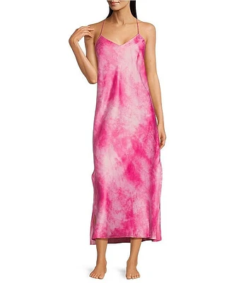 Lauren Ralph Strappy V-Neck Satin Tie-Dye Nightgown