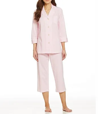 Lauren Ralph Striped Jersey Notch Collar 3/4 Sleeve Pajama Set