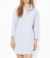 Lauren Ralph Stripe Point Collar 3/4 Sleeve Button Front Nightshirt