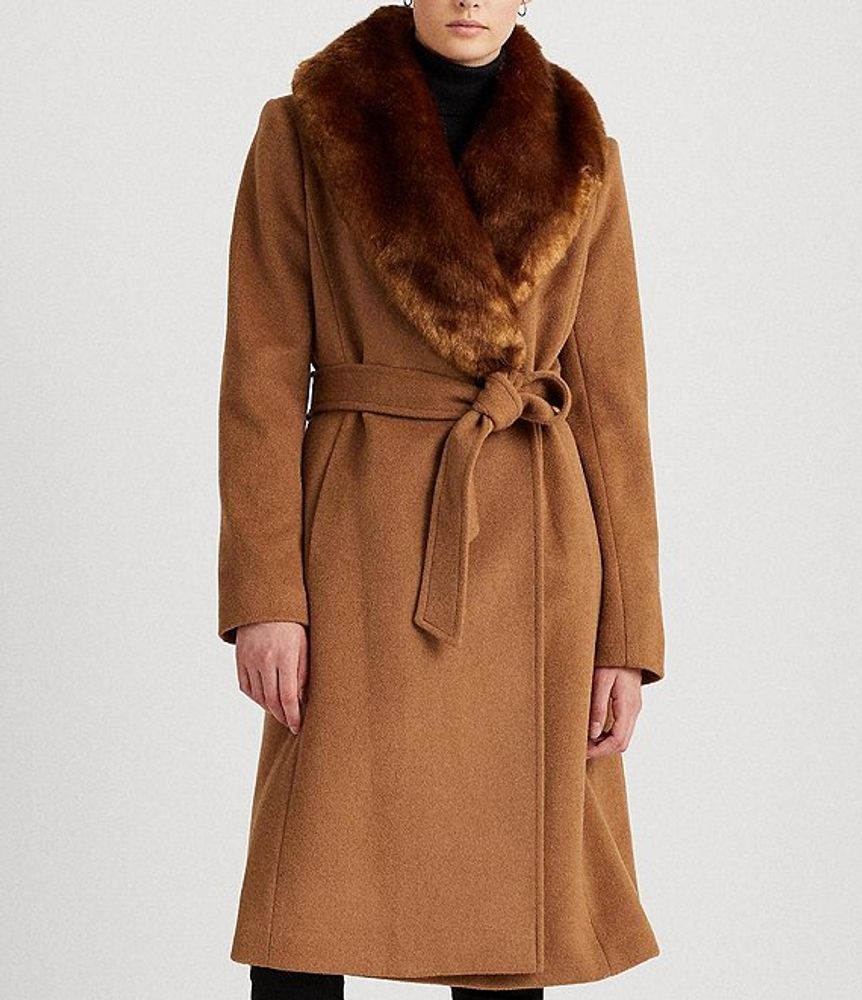 Lauren Ralph Lauren Wrap Faux Fur Collar Wool Blend Belted Coat |  Alexandria Mall