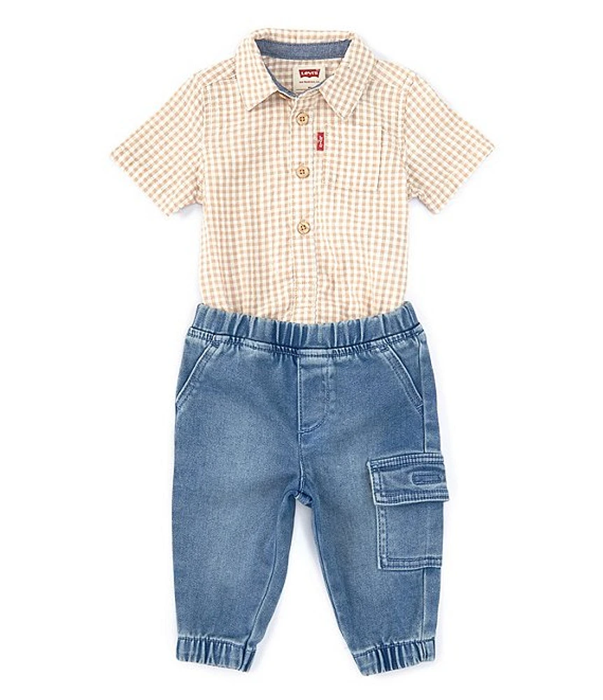 Levi's® Baby Boys Newborn-24 Months Short Sleeve Gingham Woven Bodysuit, Shirt & Dobby Jogger Pant Set