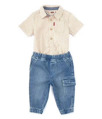 Levi's® Baby Boys Newborn-24 Months Short Sleeve Gingham Woven Bodysuit, Shirt & Dobby Jogger Pant Set