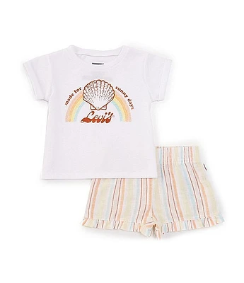 Levi's® Baby Girls 12-24 Months Short Sleeve Seashell/Rainbow Graphic Jersey T-Shirt & Striped Linen-Blend Shorts Set