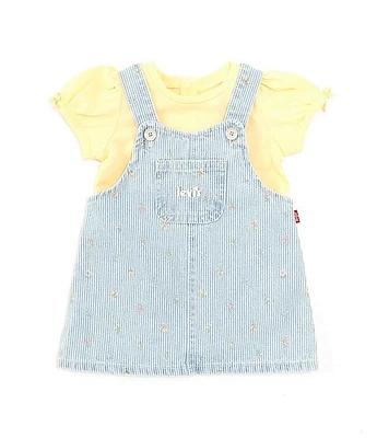 Levi's® Baby Girls Newborn-24 Months Short Puffed Sleeve Jersey Bodysuit & Sleeveless Printed Denim Jumper Dress Set