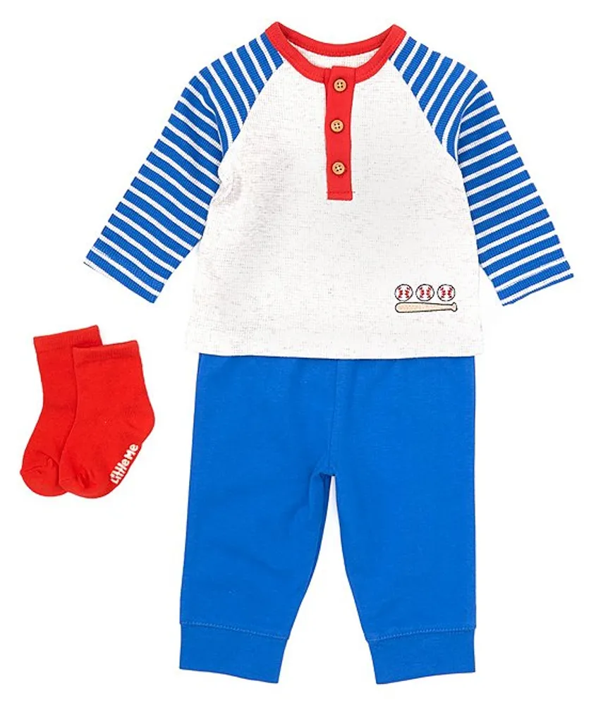 Little Me Baby Boys 3-12 Months Baseball-Themed Striped Raglan Sleeve Henley T-Shirt & Solid Jogger Pant Set