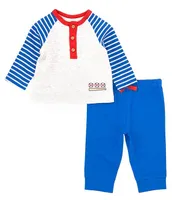 Little Me Baby Boys 3-12 Months Baseball-Themed Striped Raglan Sleeve Henley T-Shirt & Solid Jogger Pant Set