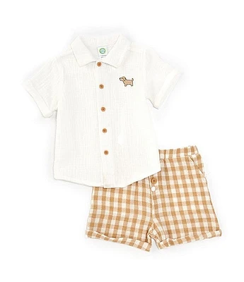 Little Me Baby Boys 3-12 Months Short-Sleeve Puppy Motif Woven Shirt & Checked Shorts Set