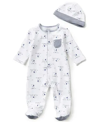 Little Me Baby Boys Preemie-9 Months Puppy Toile Printed Footed Coverall & Hat Set
