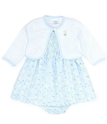 Little Me Baby Girls 12-24 Months Long Sleeve Striped Cardigan & Short Daisy Floral Smocked Fit Flare Dress Set