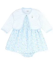 Little Me Baby Girls 12-24 Months Long Sleeve Striped Cardigan & Short Daisy Floral Smocked Fit Flare Dress Set