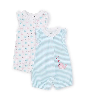 Little Me Baby Girls 3-12 Months Flutter-Sleeve Allover-Whale-Printed Romper & Striped Whale-Motif Two-Pack