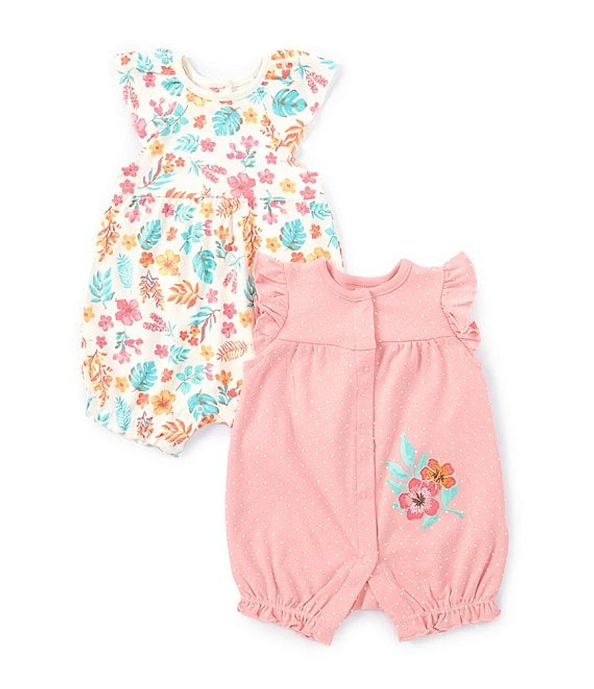 Little Me Baby Girls 3-12 Months Flutter-Sleeve Floral Leaf Printed Romper & Pindot Motif Two-Pack