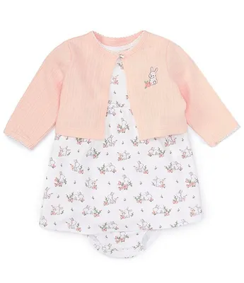 Little Me Baby Girls 3-12 Months Long Sleeve Bunny Motif Cardigan & Short Printed Fit Flare Dress Set