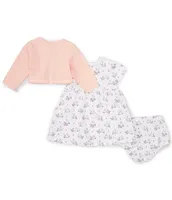 Little Me Baby Girls 3-12 Months Long Sleeve Bunny Motif Cardigan & Short Printed Fit Flare Dress Set