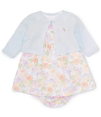 Little Me Baby Girls 3-12 Months Long Sleeve Flower Motif Cardigan & Short Printed Fit Flare Dress Set