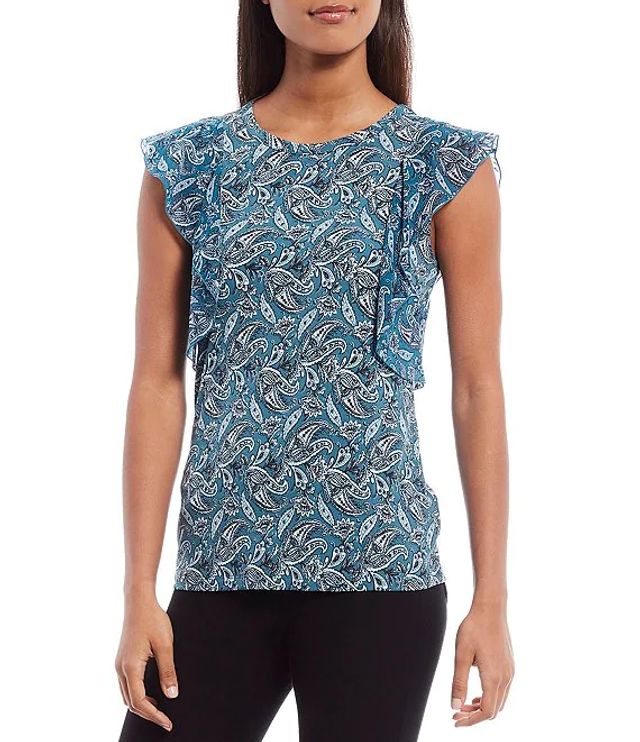 Michael Kors Allover Arabesque Print Lux Matte Jersey Round Neck Ruffle Cap  Sleeve Top | Alexandria Mall