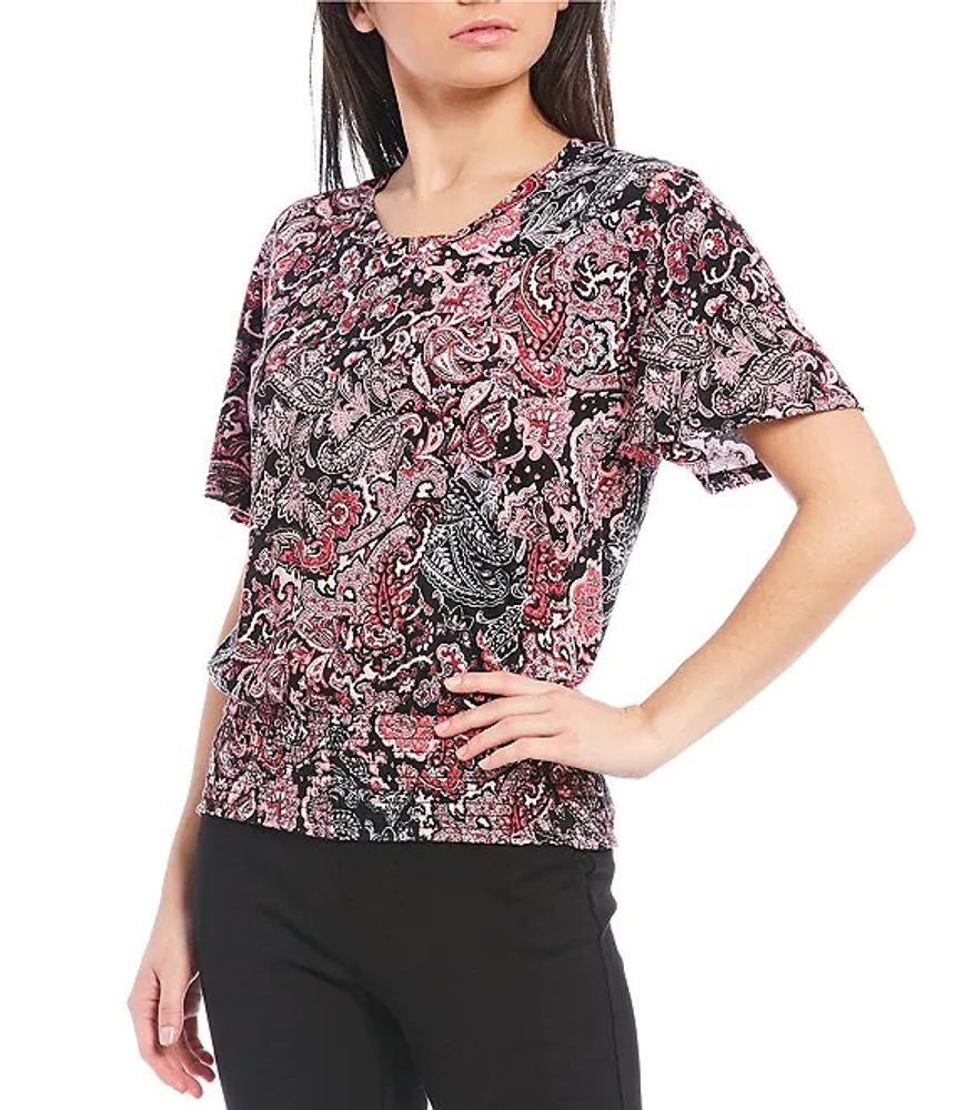 Michael Kors Arabesque Paisley Patchwork Print Knit Jersey Short Sleeve  Smocked Hem Top | Alexandria Mall