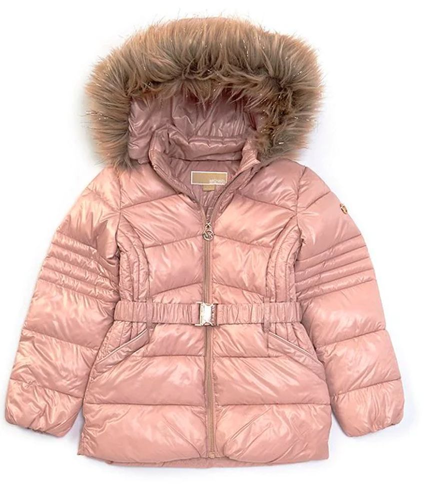 Michael Kors Big Girls 7-16 Belted Faux-Fur Trim Hooded Puffer Coat |  Alexandria Mall