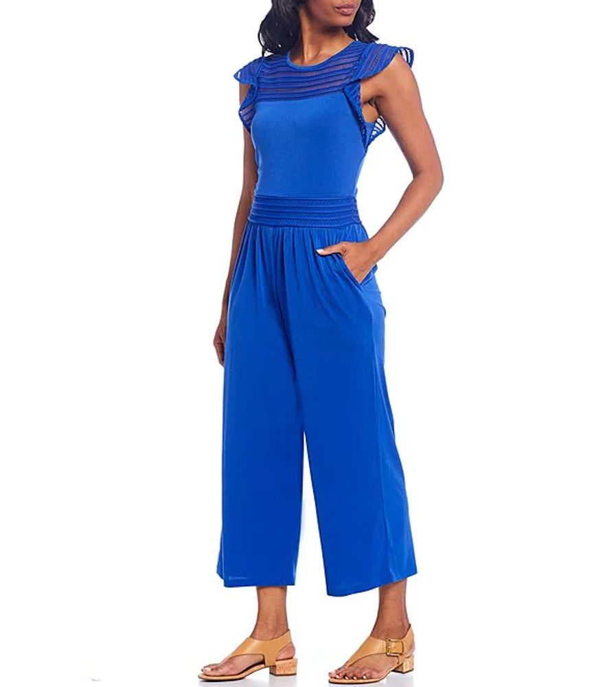 MICHAEL Michael Kors Crepe Jersey Flutter Cap Sleeve Mesh Trim Cropped  Jumpsuit | Alexandria Mall