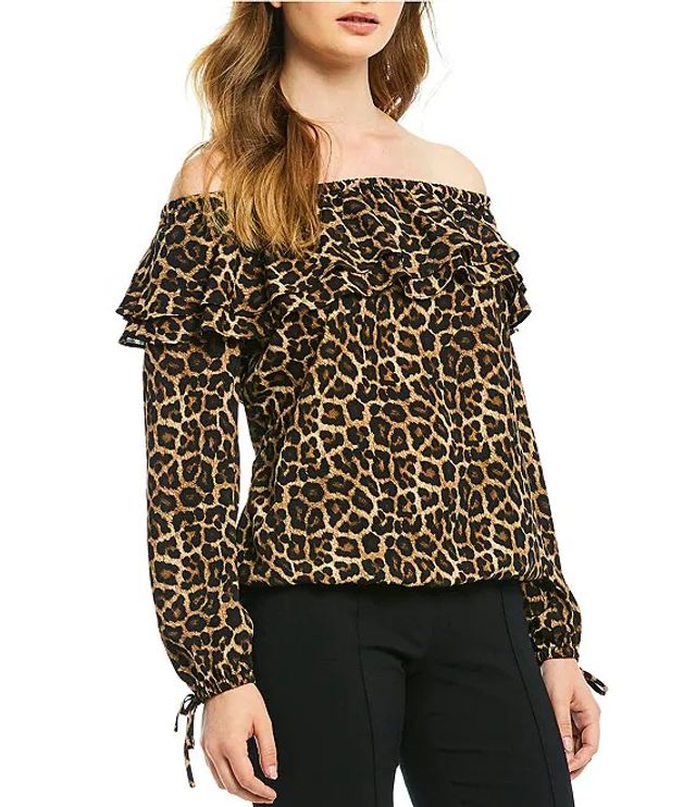 Michael Kors Leopard Print Ruffle Off-the-Shoulder Long Sleeve Top |  Alexandria Mall