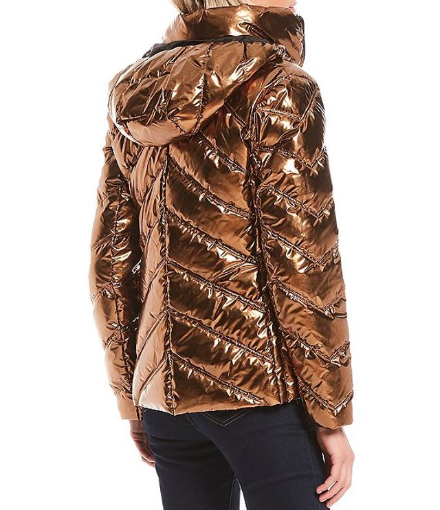 Michael Kors Metallic Packable Water Resistant Chevron Body Puffer Coat |  Brazos Mall