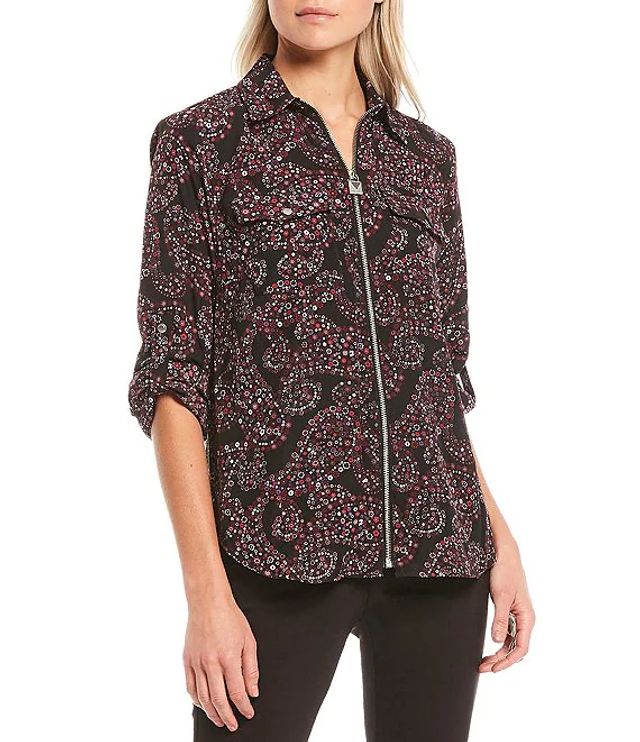 Michael Kors Plus Floral Pop Paisley Print Pebble Crepe Roll-Tab Sleeve Zip  Front Top | Alexandria Mall